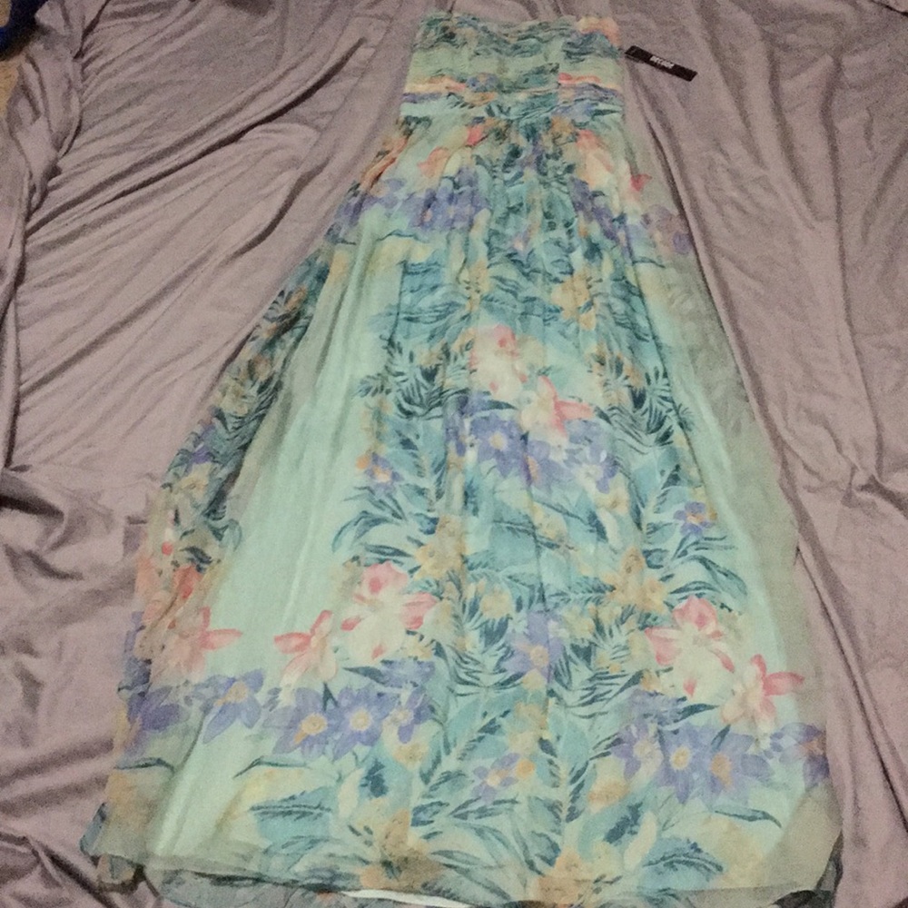 Strapless empire waist painted silk maxi dress